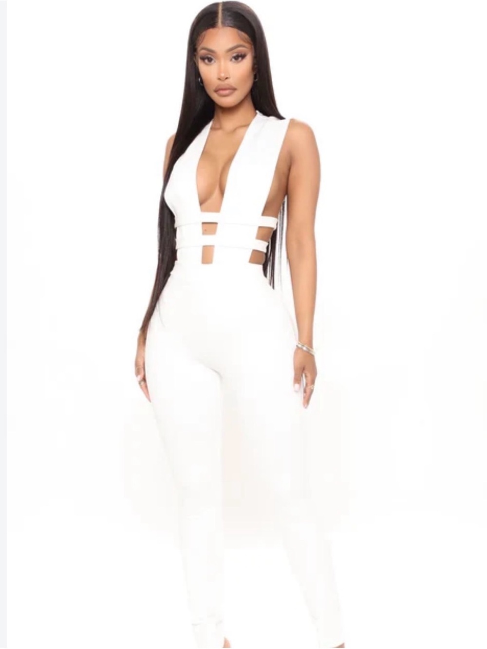 White Sleeveless V-Neck Jumpsuit with Cut Outs